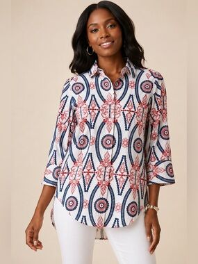Boho Chic Embroidered Tunic Blouse White Red Navy Floral Eyelet Shirt Size S